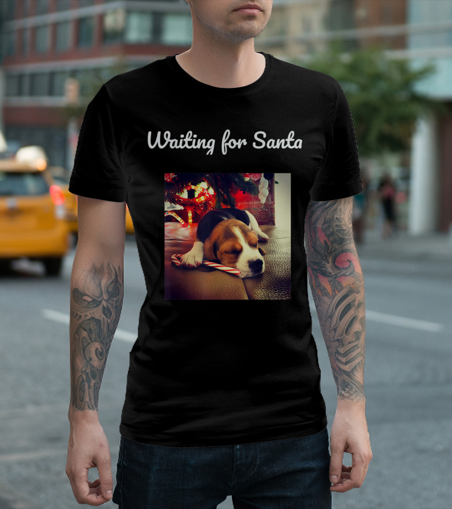 Waiting for Santa Christmas Cute Dog with Candy Cane T-Shirt
