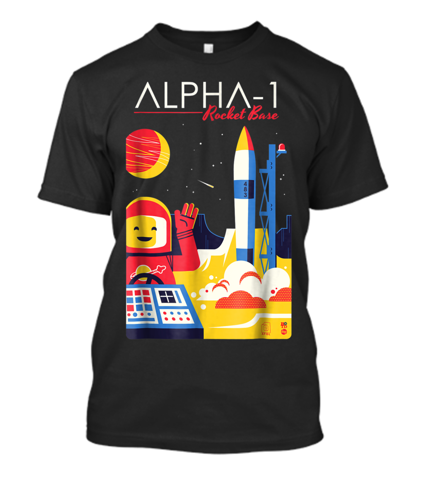 Alpha-1 Rocket Base Spaceman With Classic Brick Style And Launching Rocket Scene T-Shirt