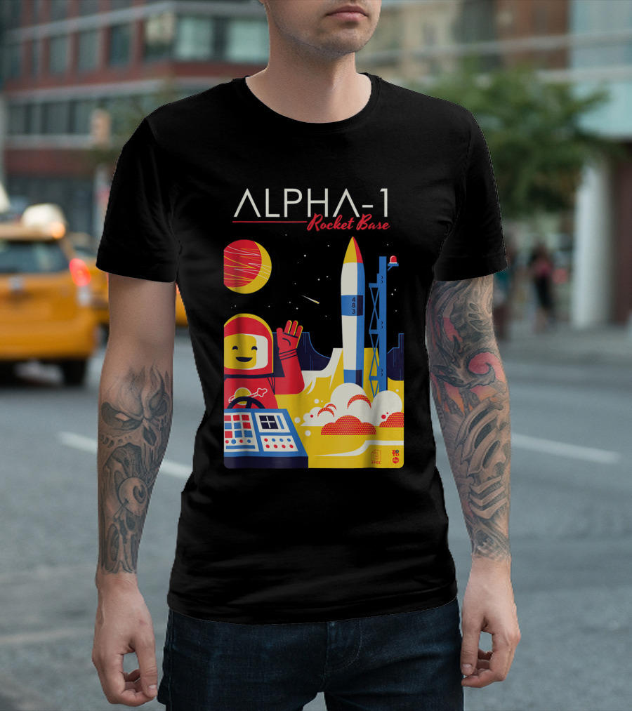 Alpha-1 Rocket Base Spaceman With Classic Brick Style And Launching Rocket Scene T-Shirt