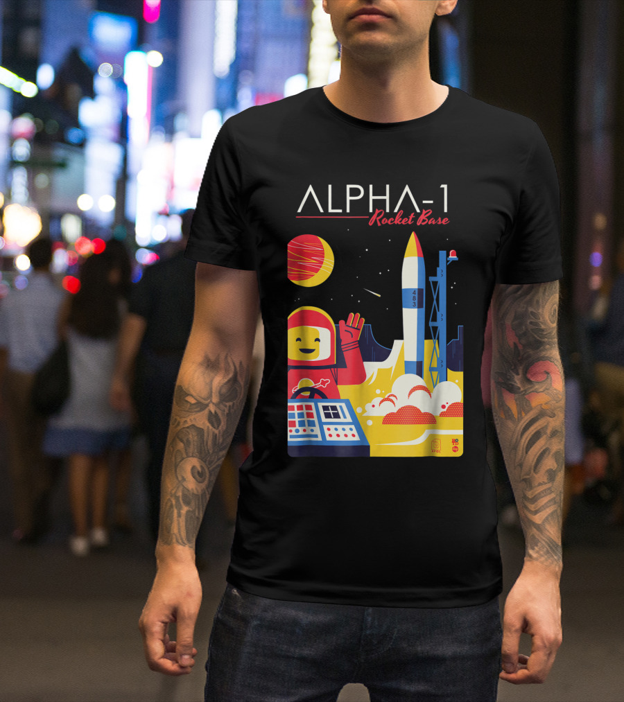 Alpha-1 Rocket Base Spaceman With Classic Brick Style And Launching Rocket Scene T-Shirt