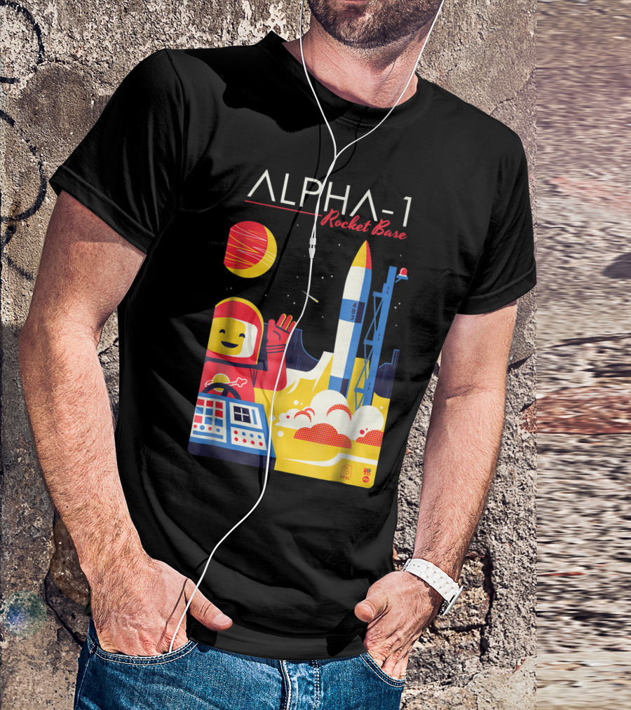Alpha-1 Rocket Base Spaceman With Classic Brick Style And Launching Rocket Scene T-Shirt