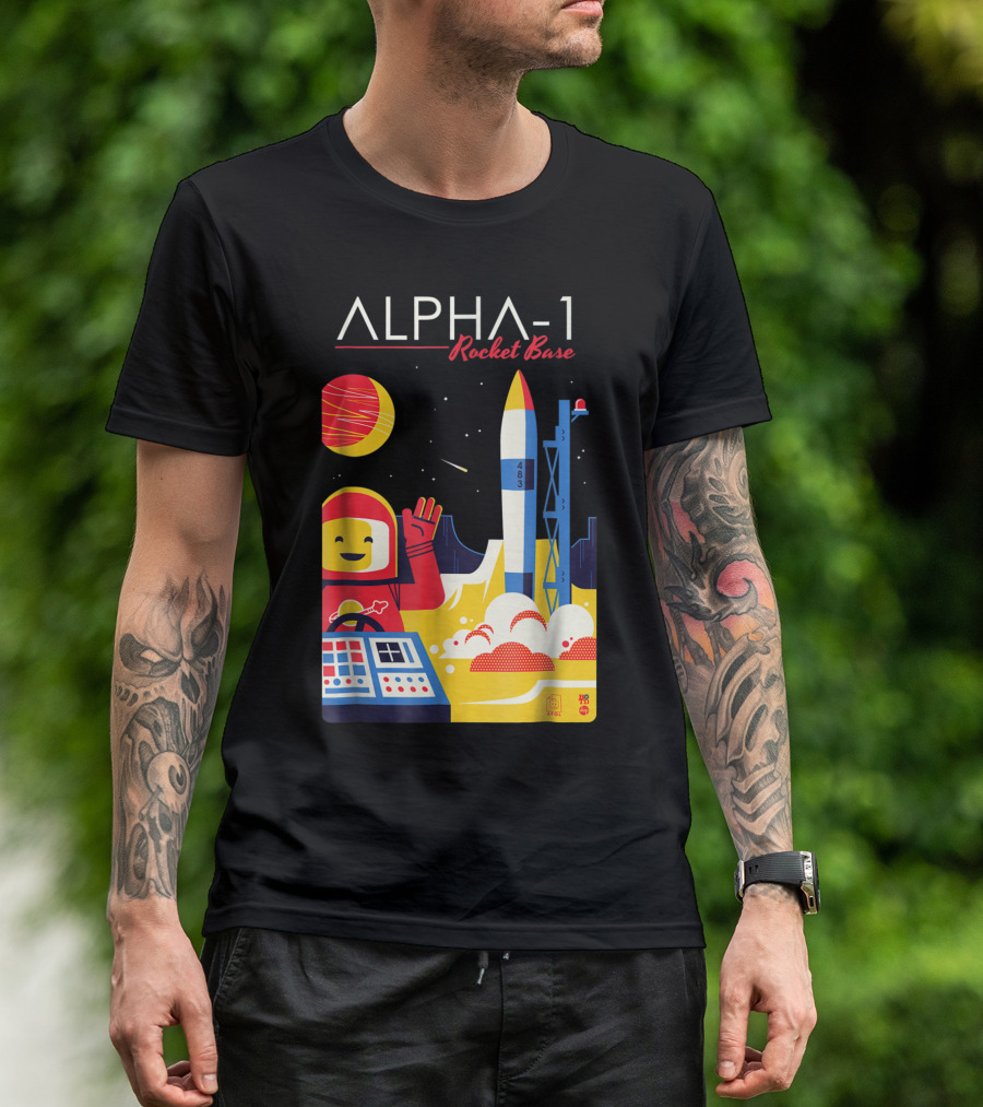 Alpha-1 Rocket Base Spaceman With Classic Brick Style And Launching Rocket Scene T-Shirt