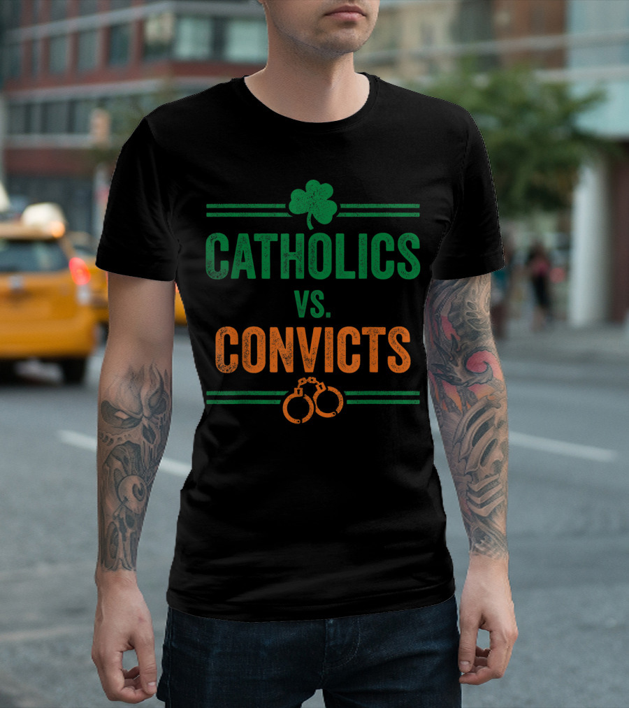 Catholics Vs Convicts Vintage Shamrock Handcuffs Iconic Matchup T-Shirt