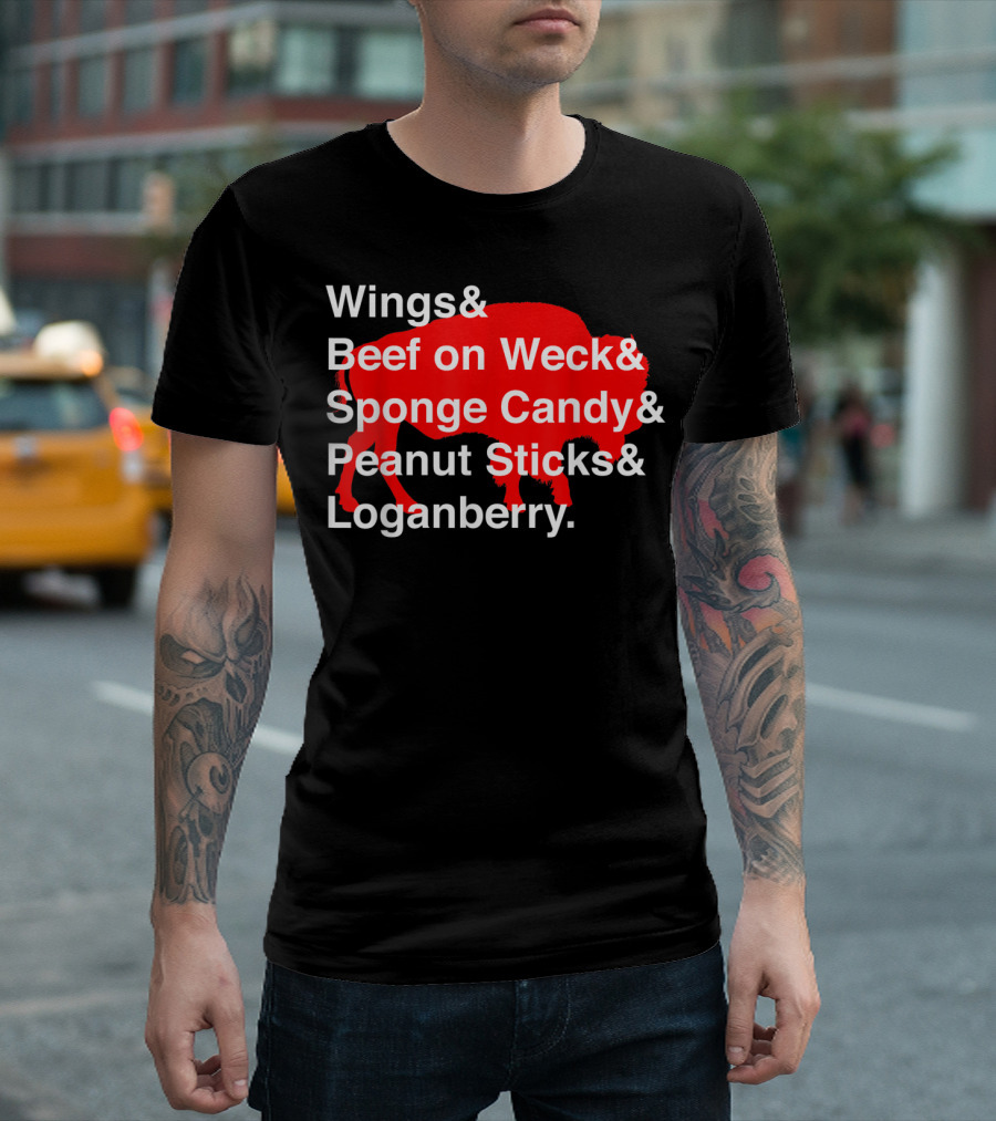 Buffalo New York Foods Wings Beef on Weck Sponge Candy Peanut Sticks Loganberry T-Shirt
