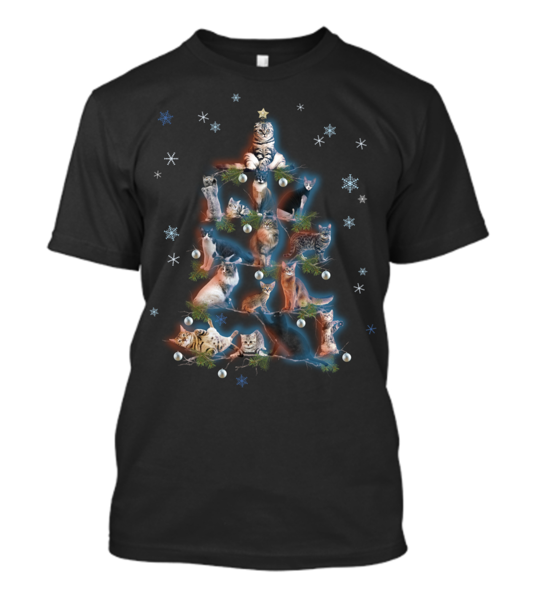 Classic Holiday Cat Kitten Christmas Tree Snowflakes T-Shirt