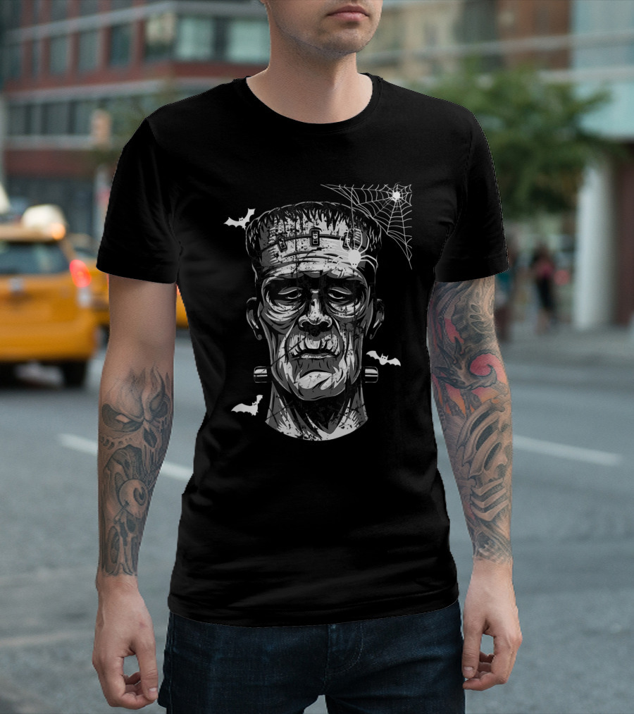 Classic Monster Frankenstein with Bats and Spider Web T-Shirt