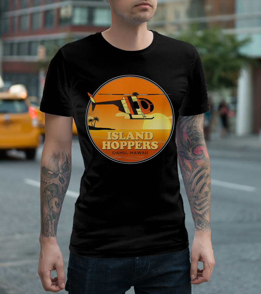 Island Hoppers Oahu Hawaii Classic 80'S TV Helicopter Sunset T-Shirt