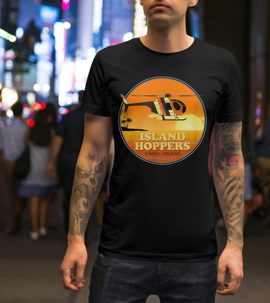 Island Hoppers Oahu Hawaii Classic 80'S TV Helicopter Sunset T-Shirt