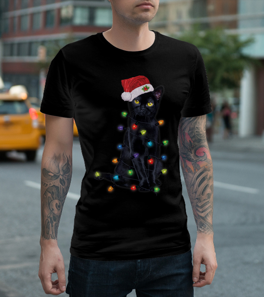 Black Cat in Santa Hat Wrapped in Christmas Lights T-Shirt