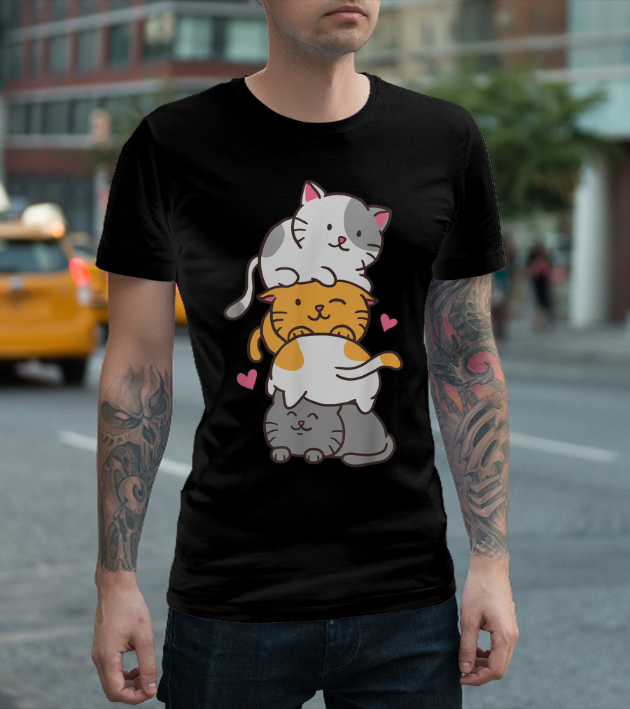Cat Cats Meowtain Cute Kitty Pile Anime Kawaii Hearts T-Shirt