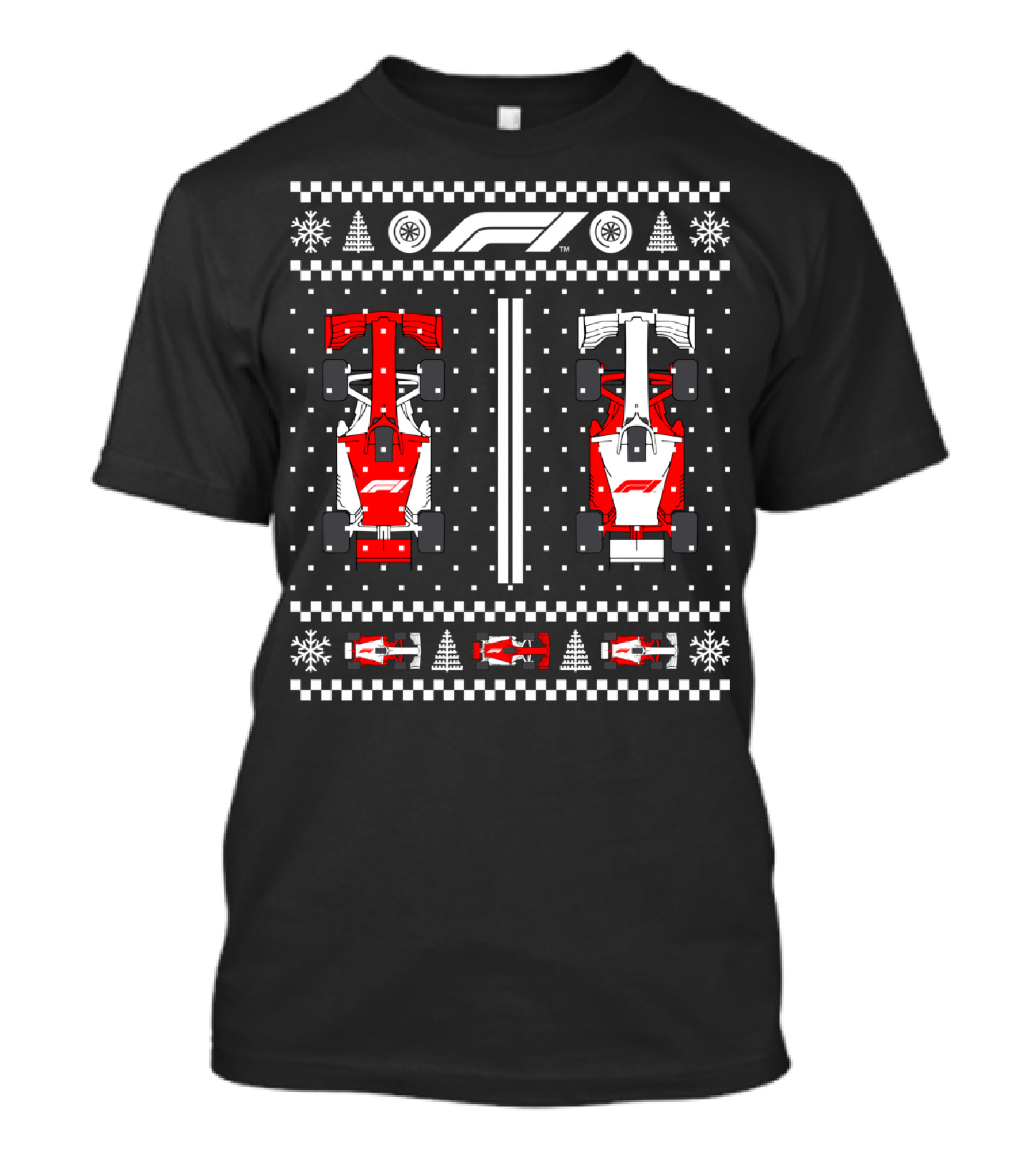 Formula 1 Festive Racing Cars With Snowflakes And Checker T-Shirt
