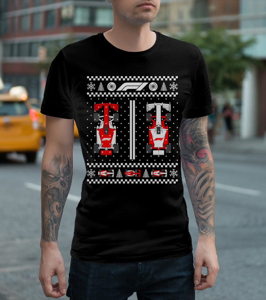 Formula 1 Festive Racing Cars With Snowflakes And Checker T-Shirt