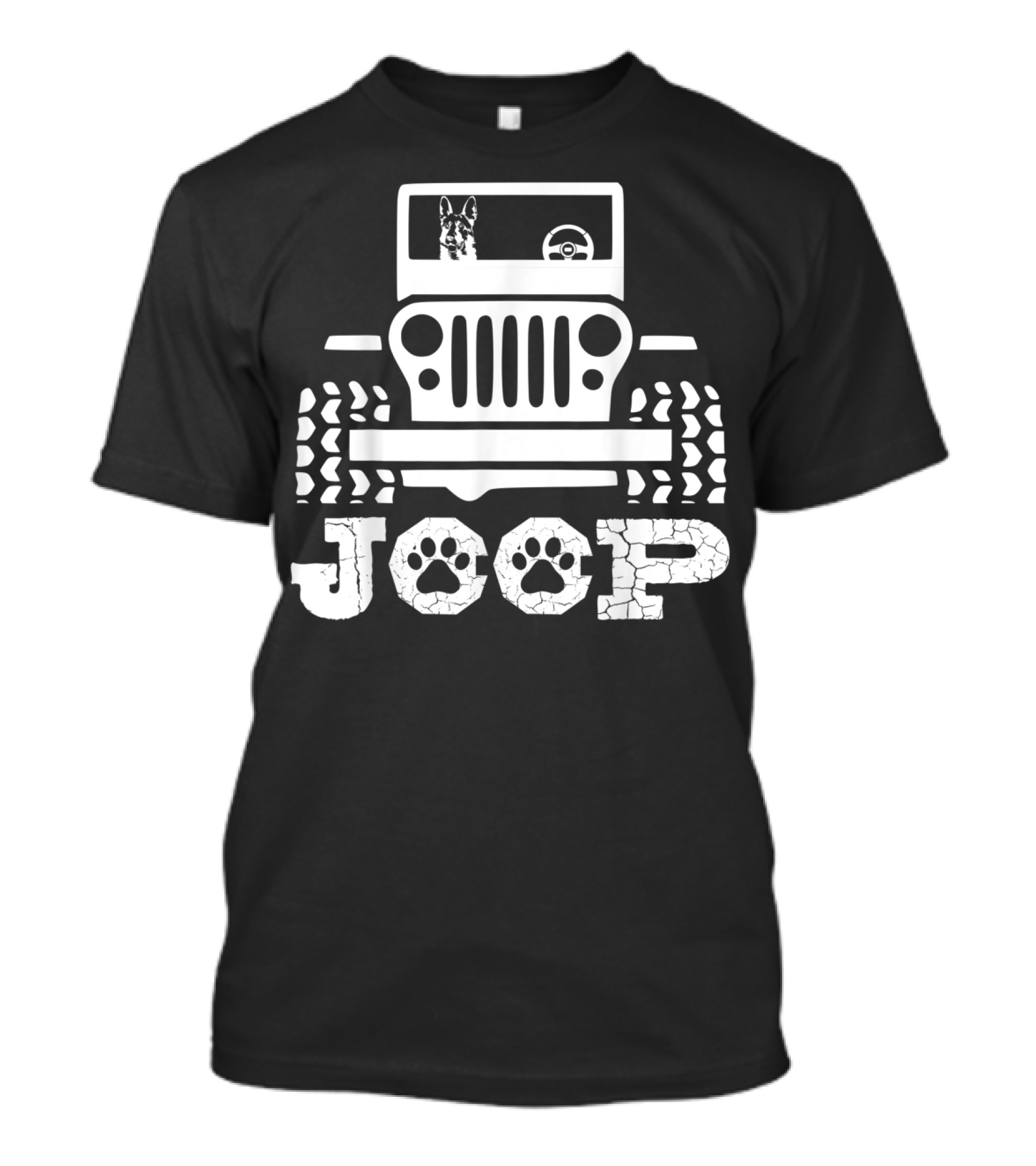German Shepherd Driving JOOP Jeep With Paw Print Tires T-Shirt
