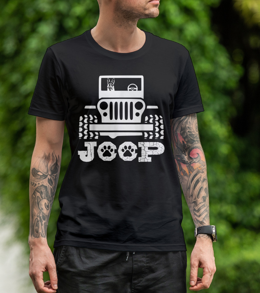 German Shepherd Driving JOOP Jeep With Paw Print Tires T-Shirt