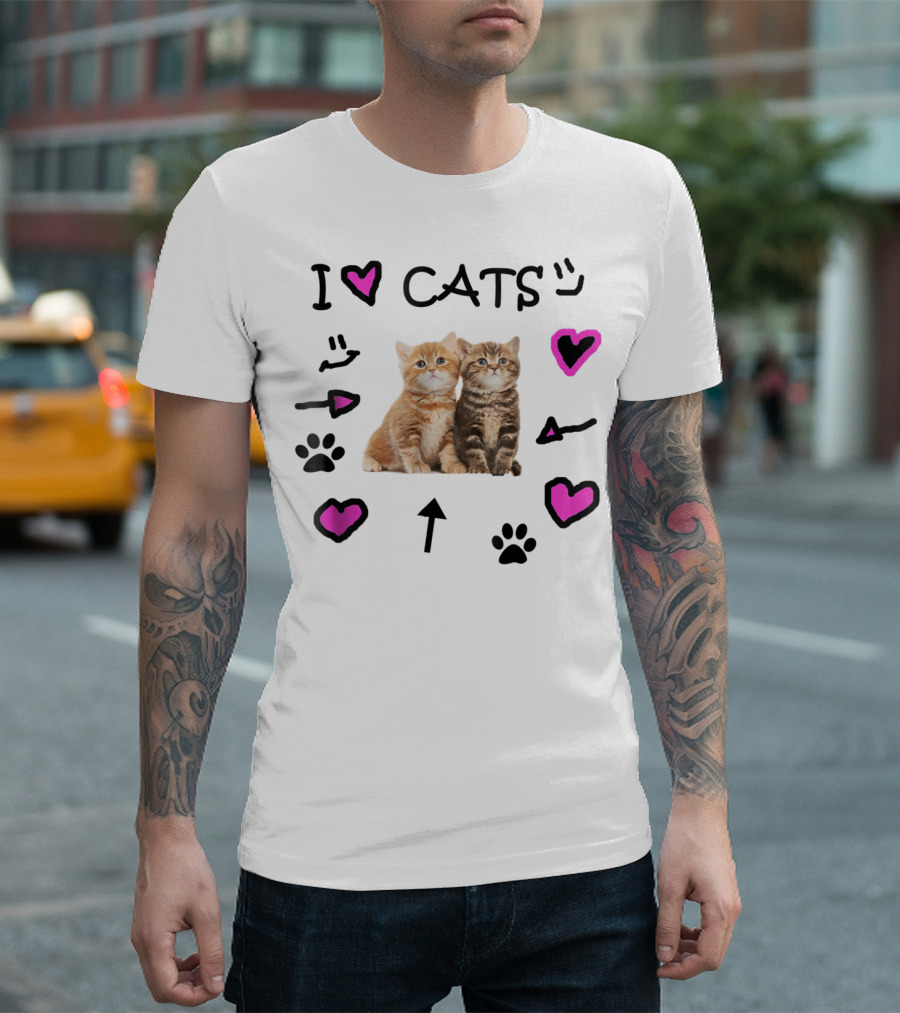 I Love Cats Pink Hearts And Paw Prints With Kittens Image T-Shirt
