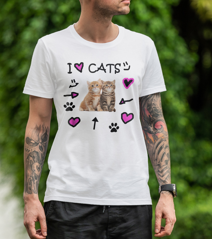 I Love Cats Pink Hearts And Paw Prints With Kittens Image T-Shirt
