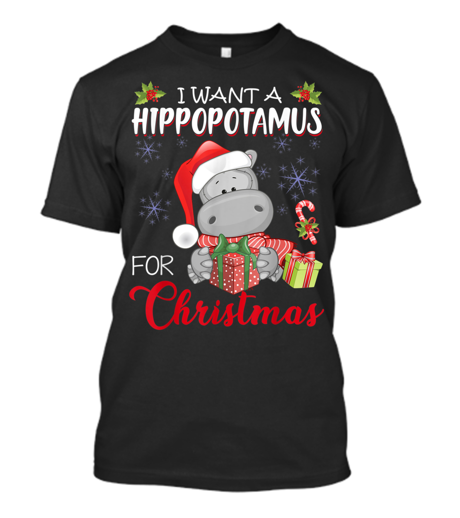 I Want A Hippopotamus For Christmas Xmas Hippo Santa Hat Presents Snowflakes Candy Cane T-Shirt