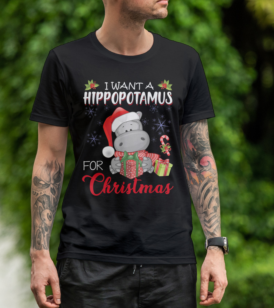 I Want A Hippopotamus For Christmas Xmas Hippo Santa Hat Presents Snowflakes Candy Cane T-Shirt
