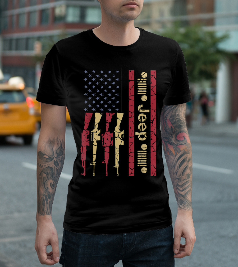 Jeeps American USA Flag Distressed Gun Rifle T-Shirt