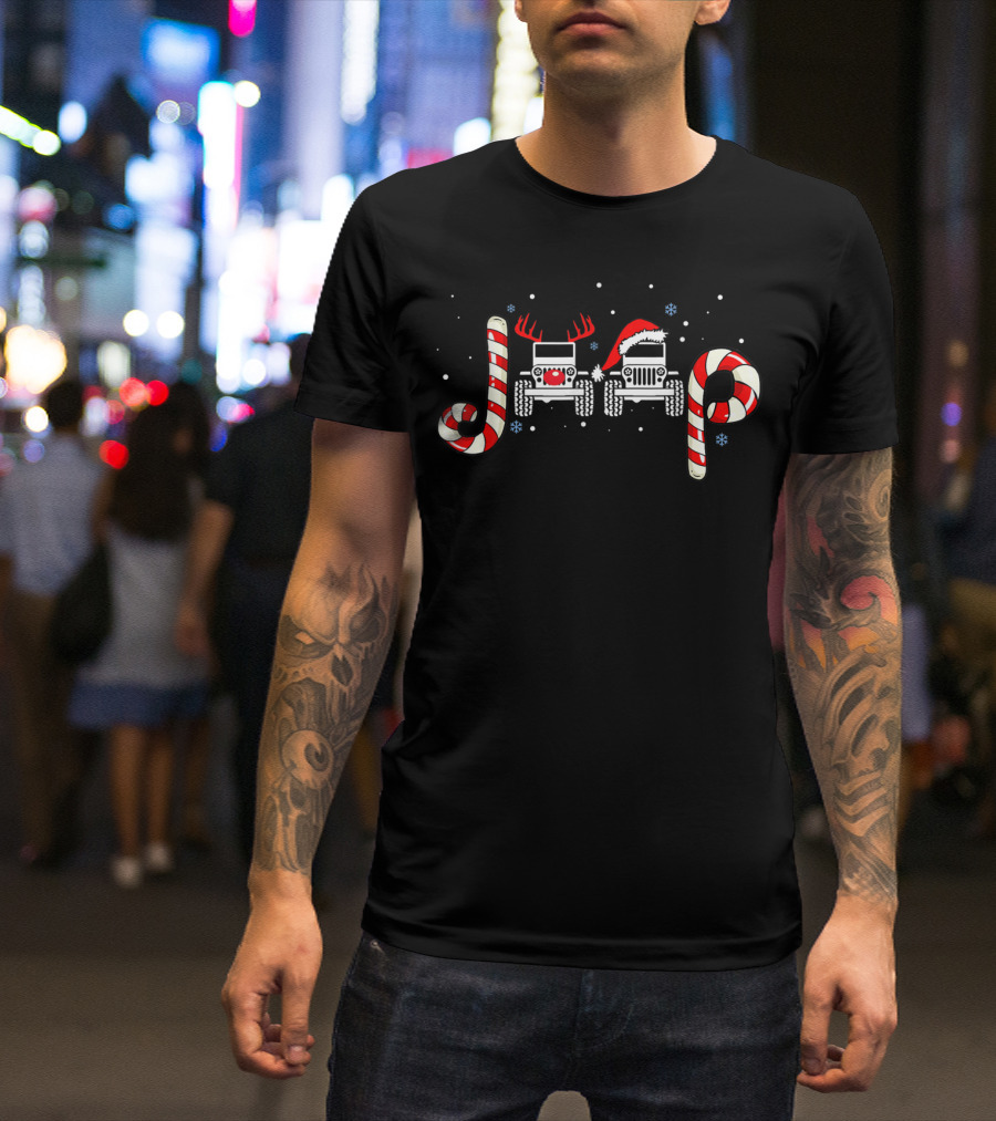 Jeeps Christmas Candy Cane Santa Claus Reindeer T-Shirt