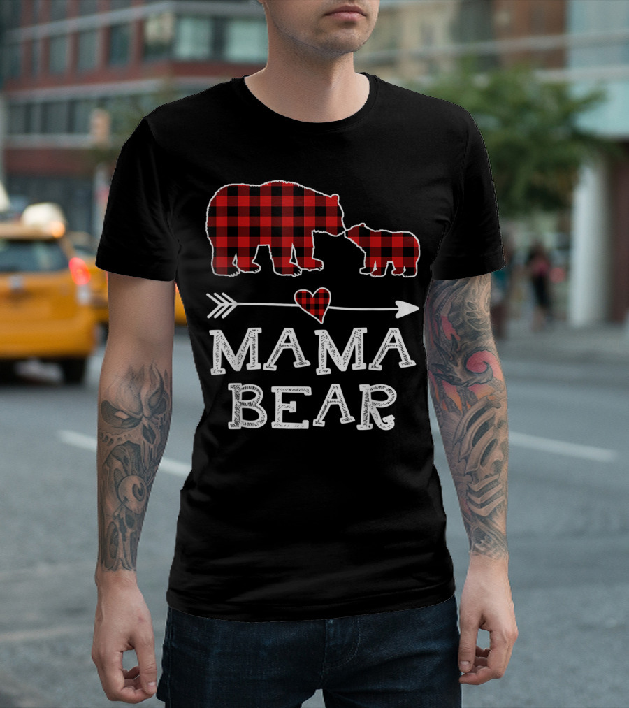 Mama Bear Christmas Red Plaid Buffalo Heart Arrow T-Shirt