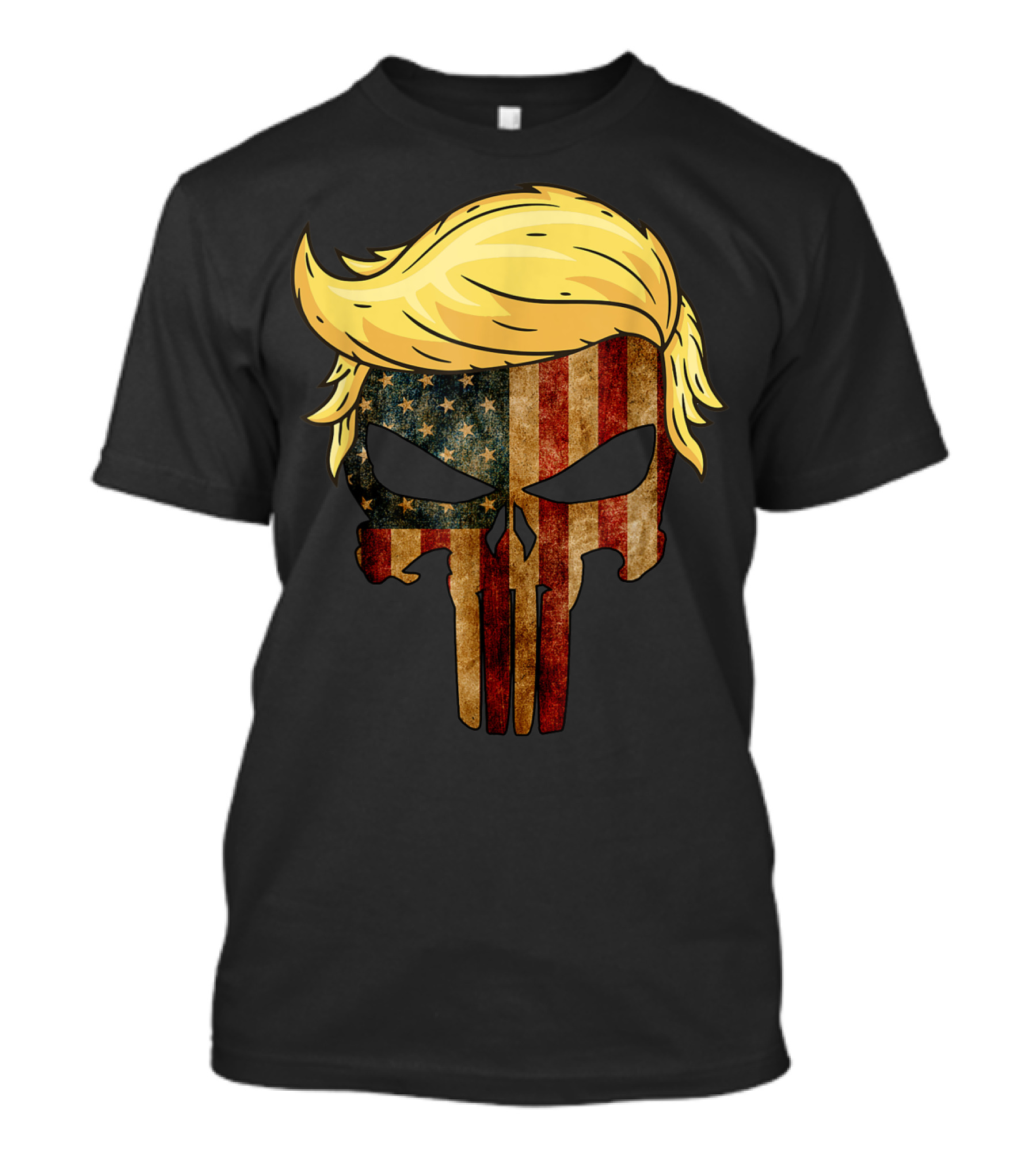 Skull With President Trump Hairstyle American Flag纹理 T-Shirt