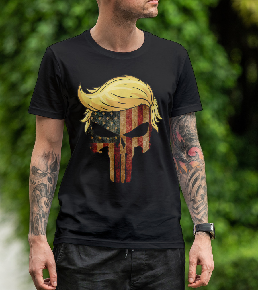 Skull With President Trump Hairstyle American Flag纹理 T-Shirt