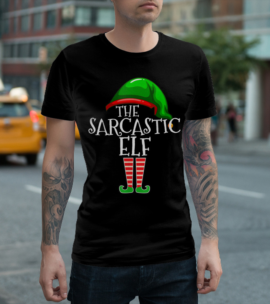The Sarcastic Elf Family Matching Group Christmas Hat and Striped Socks T-Shirt