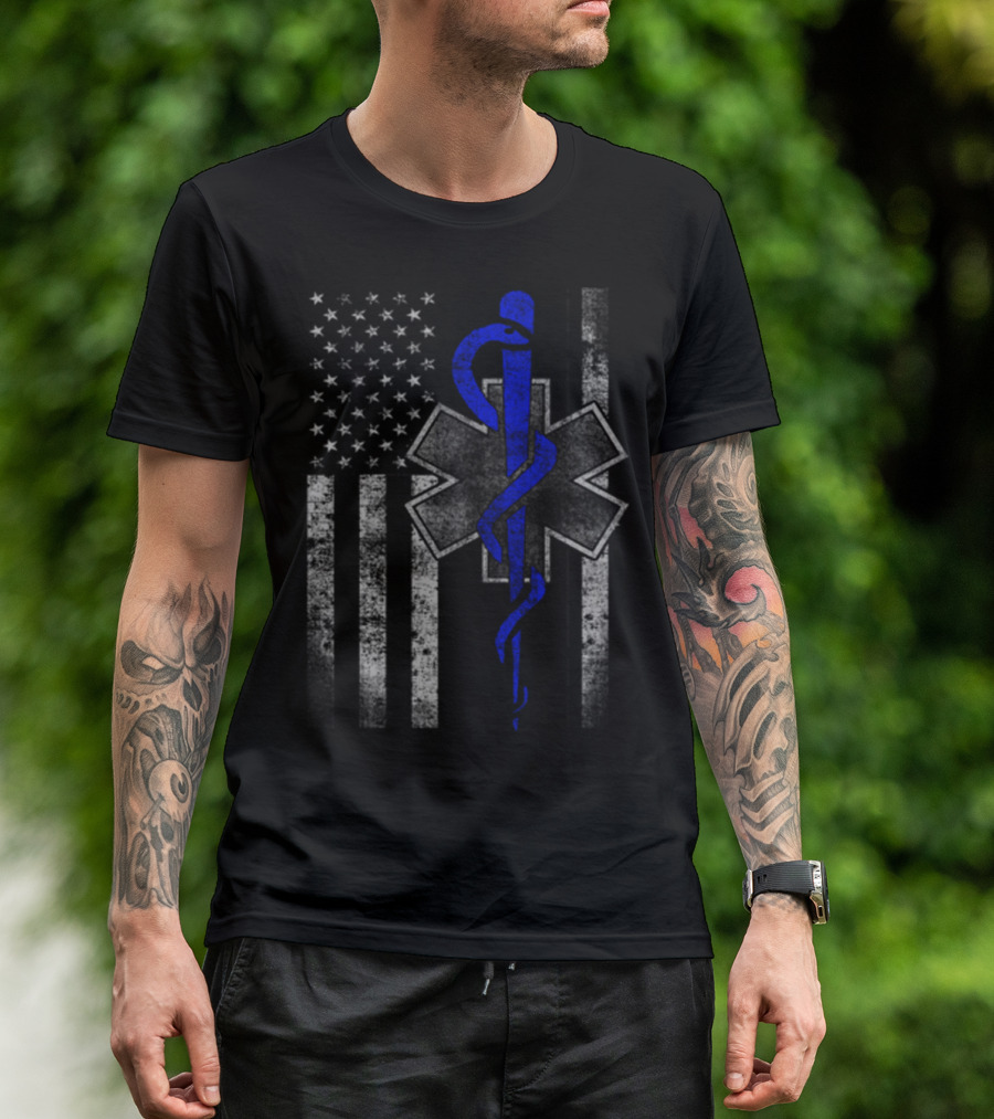 Twosided EMT First Responder Flag American Star Of Life T-Shirt