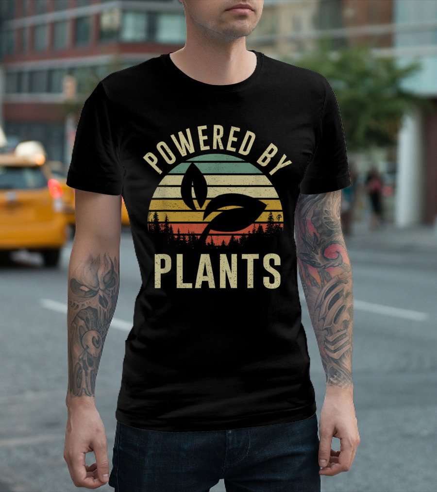 Powered By Plants Vintage Vegan Vegetarian Sunset Forest T-Shirt