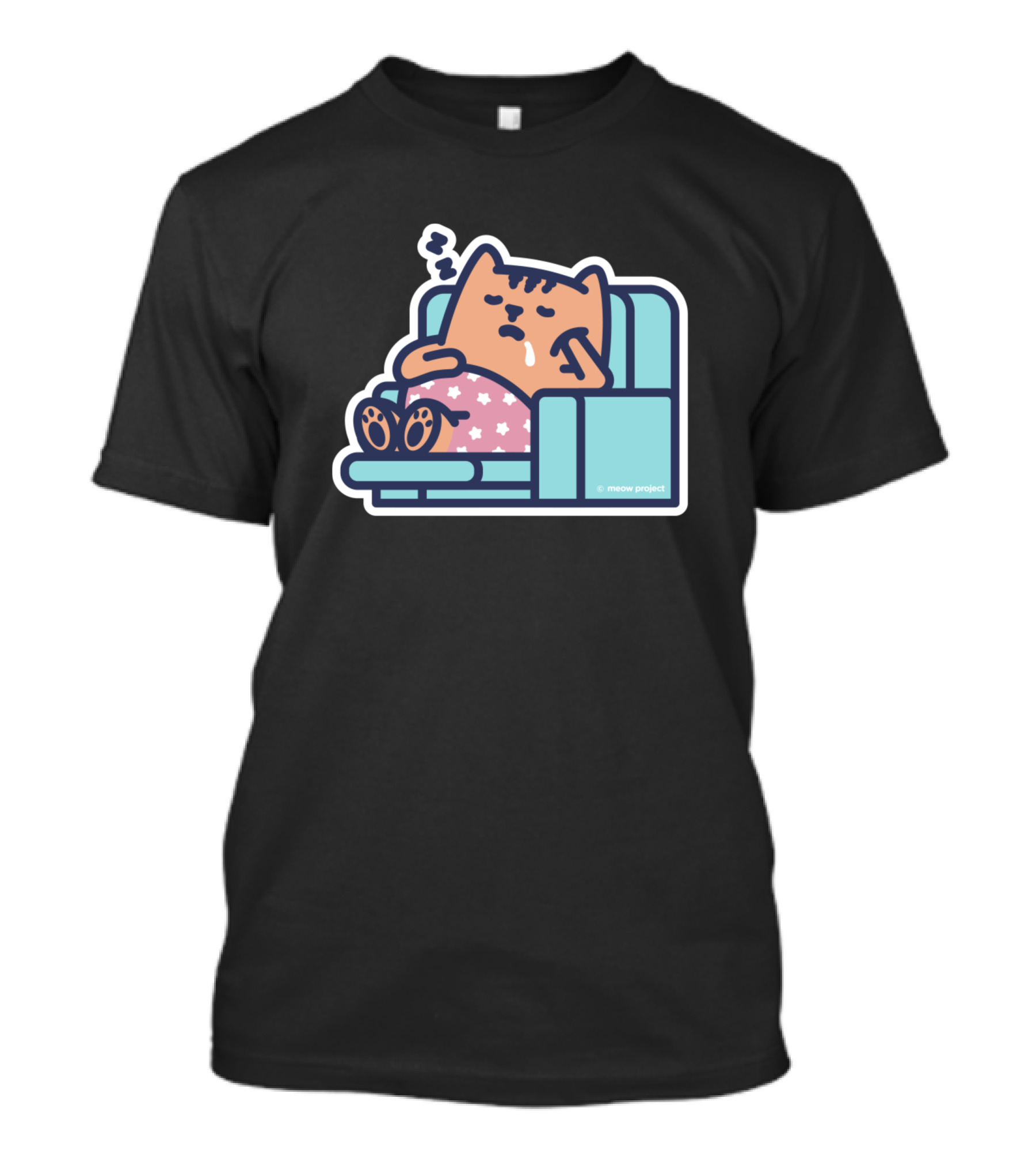 Chill Cat On Couch With Meow Project Pajamas And Sleepy Expression T-Shirt
