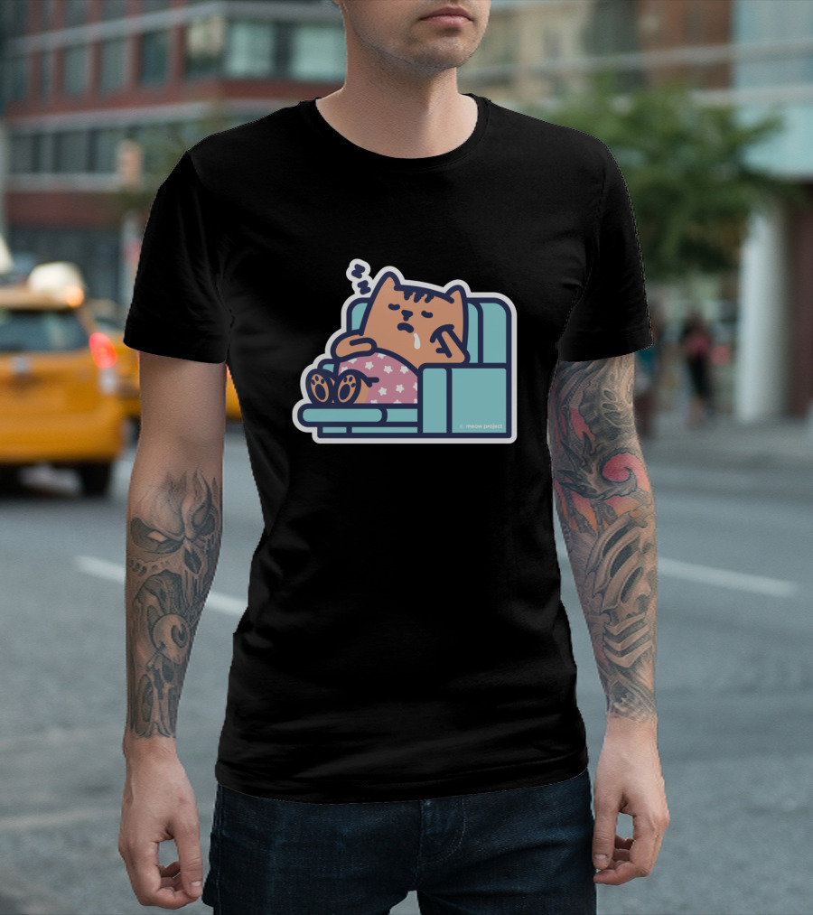 Chill Cat on Couch with Meow Project Pajamas and Sleepy Expression T-Shirt