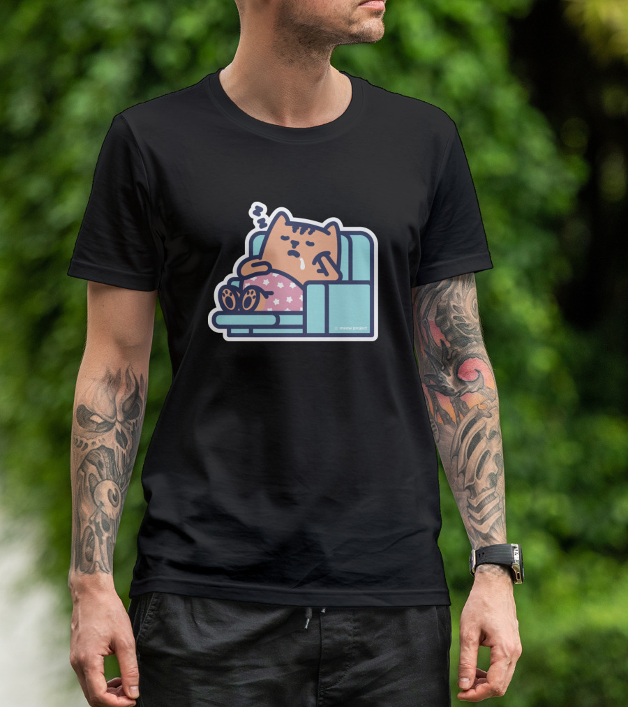 Chill Cat On Couch With Meow Project Pajamas And Sleepy Expression T-Shirt