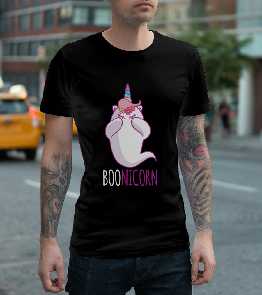Boonicorn Unicorn Ghost Costume with Colorful Horn and Flowers T-Shirt