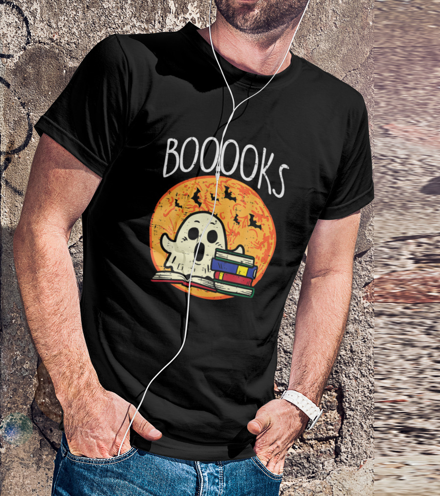 Booooks Moon Ghost Halloween Bookworm Librarian Spooky Bat And Books Spirit T-Shirt