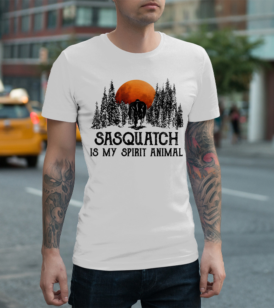 Sasquatch Is My Spirit Animal Forest Silhouette With Orange Moon T-Shirt