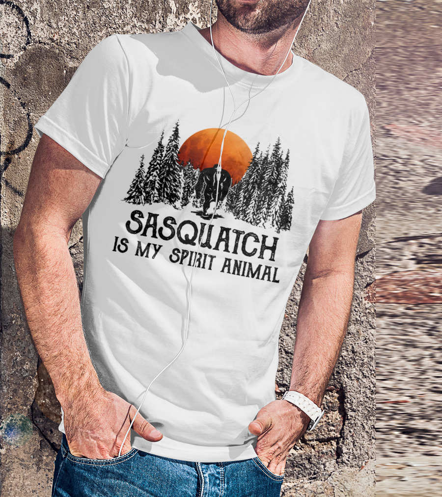 Sasquatch Is My Spirit Animal Forest Silhouette With Orange Moon T-Shirt