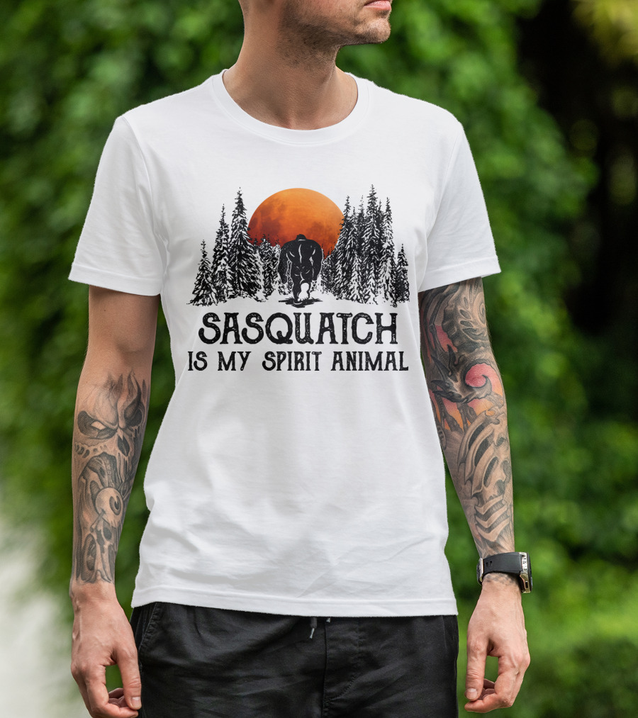 Sasquatch Is My Spirit Animal Forest Silhouette With Orange Moon T-Shirt