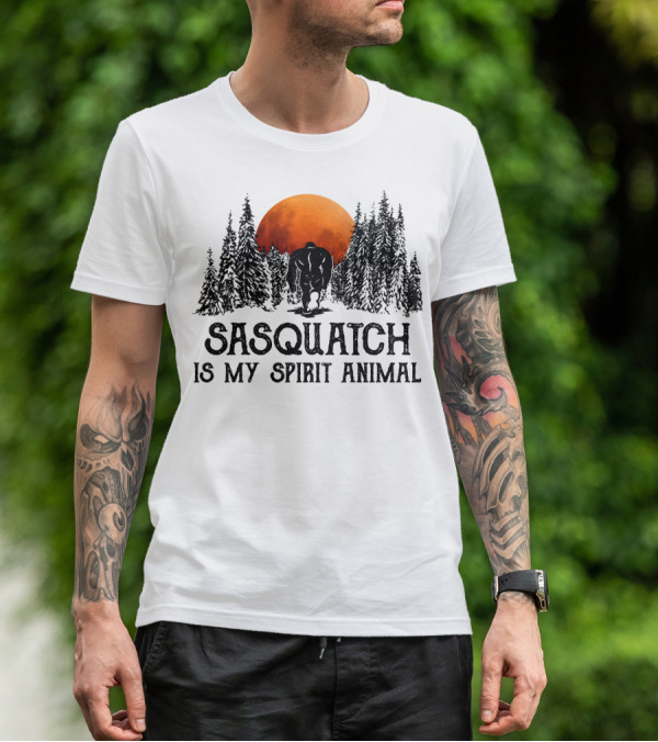 Sasquatch Is My Spirit Animal Forest Silhouette With Orange Moon T-Shirt