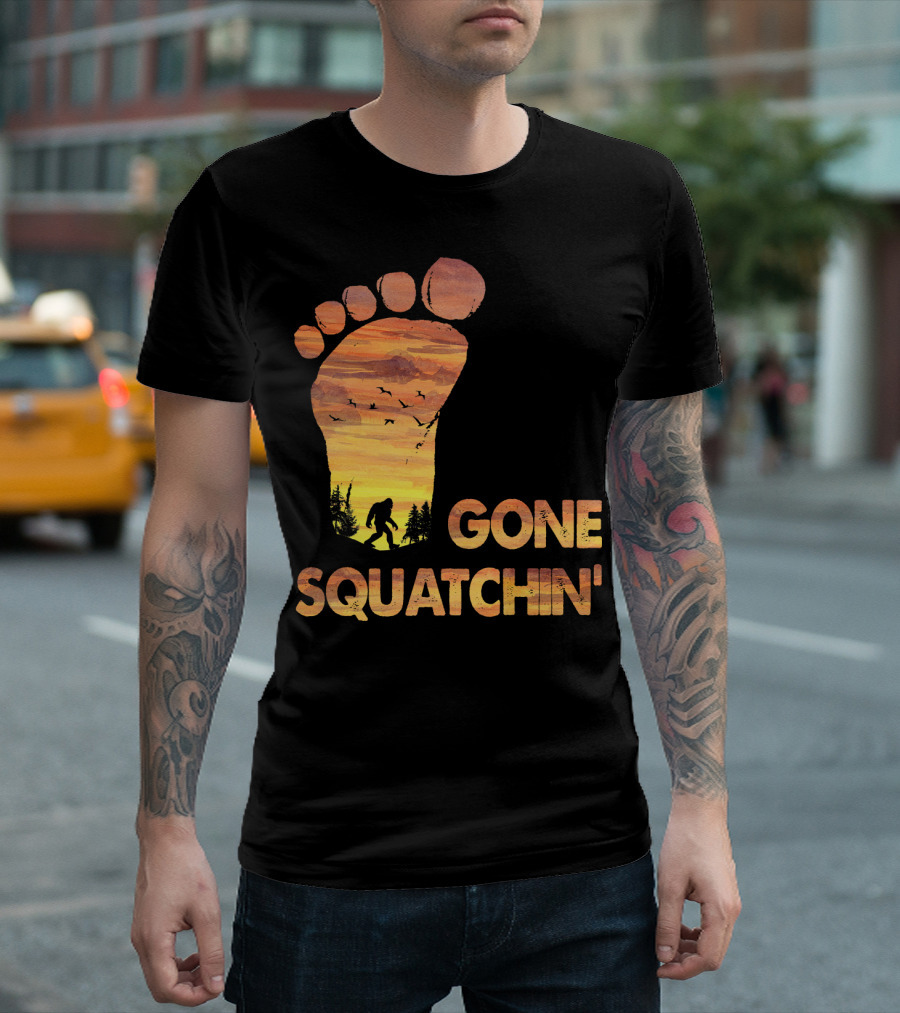 Bifoot Gone Squatchin Footprint Silhouette with Bigfoot and Mountain Sunset Scene T-Shirt