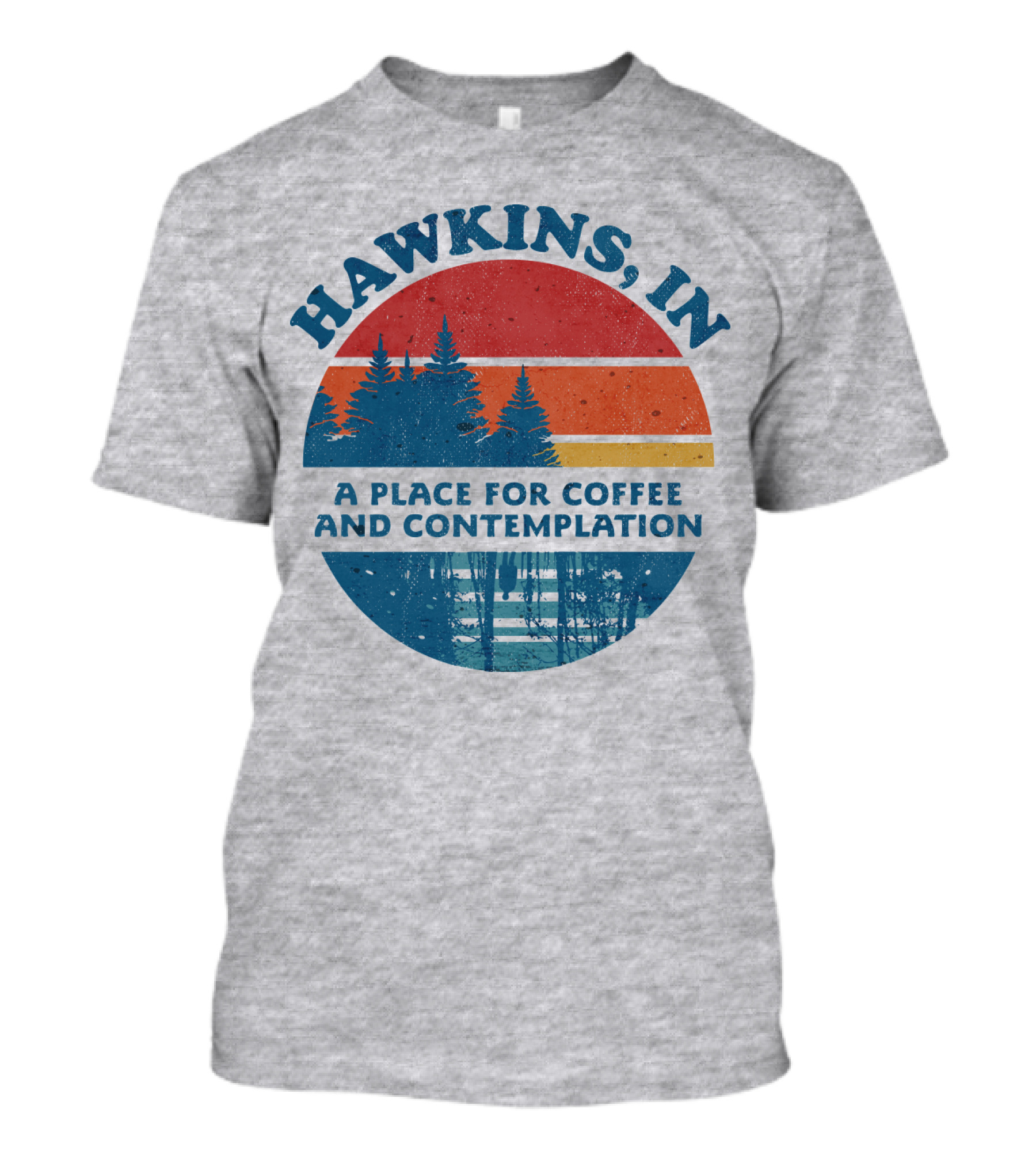 HAWKINS, IN A Place For Coffee And Contemplation Vintage Forest Sunset Circle T-Shirt