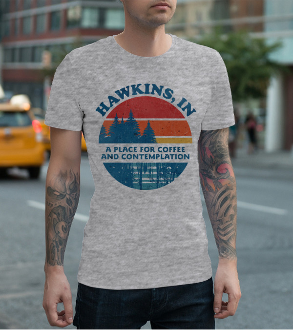 HAWKINS, IN A Place For Coffee And Contemplation Vintage Forest Sunset Circle T-Shirt