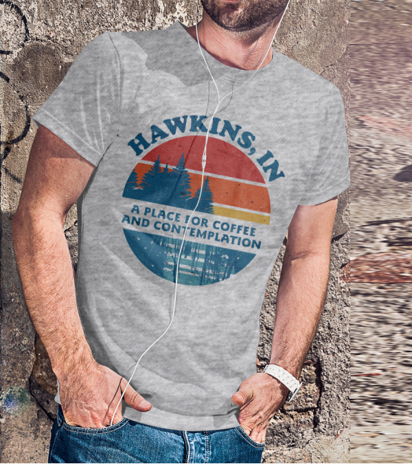 HAWKINS, IN A Place For Coffee And Contemplation Vintage Forest Sunset Circle T-Shirt