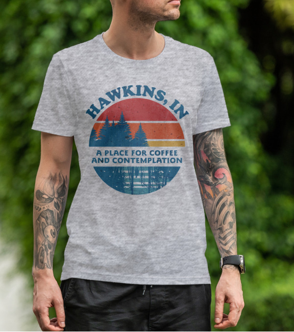 HAWKINS, IN A Place For Coffee And Contemplation Vintage Forest Sunset Circle T-Shirt