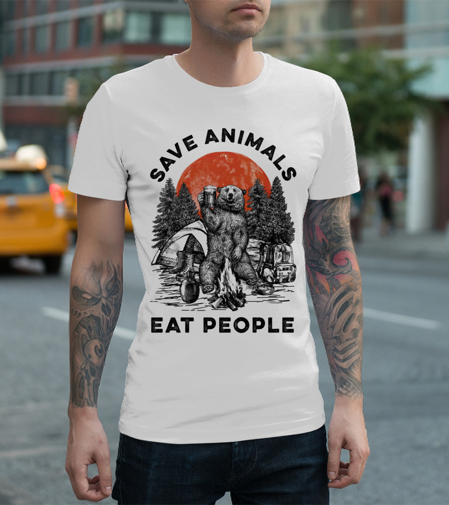 Save Animals Eat People Camping Bear Campfire Scene T-Shirt
