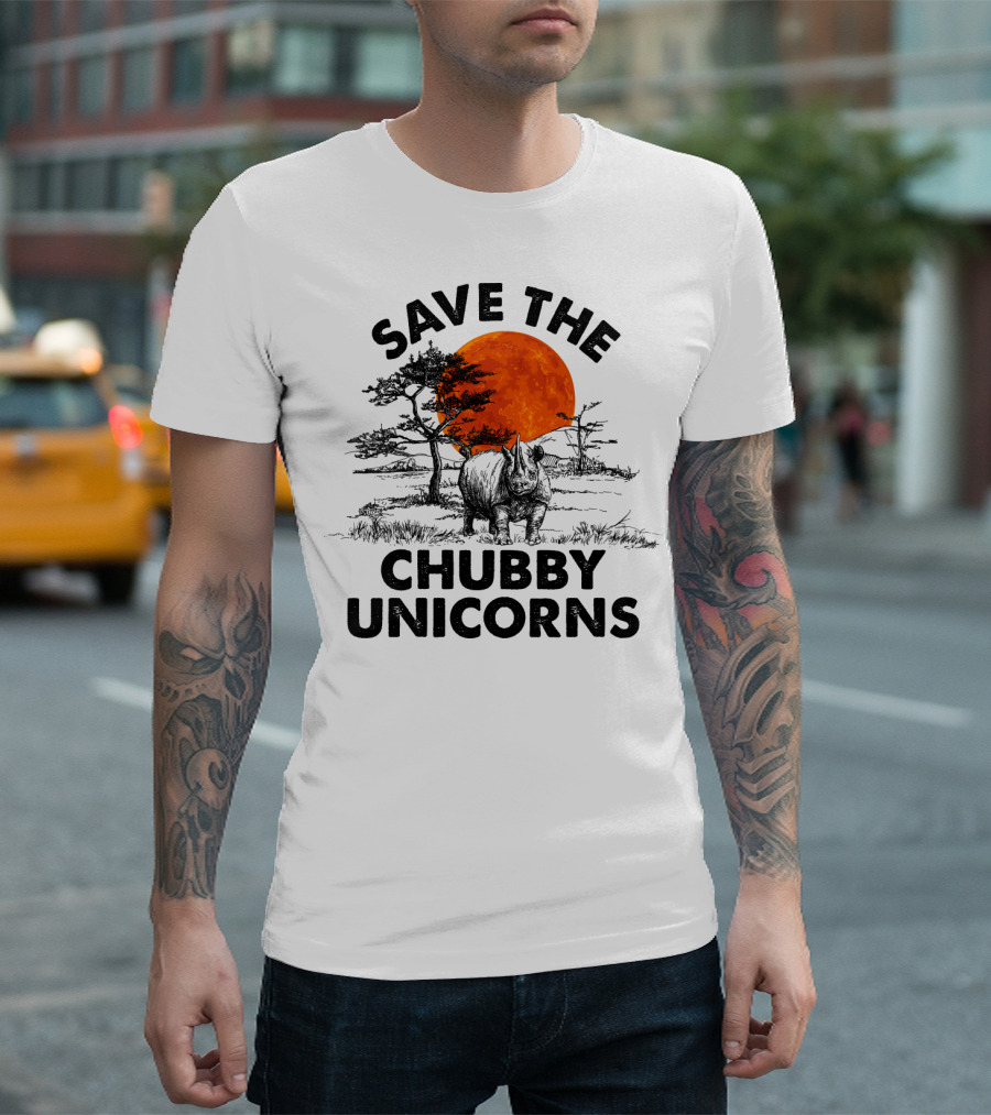 Save the Chubby Unicorns Rhino Conservation Sunset Scene T-Shirt