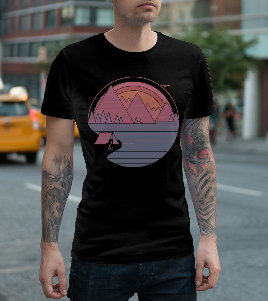 Camping Landscape with Mountains, Tent, Campfire, Sunset, and Bird in Circle T-Shirt