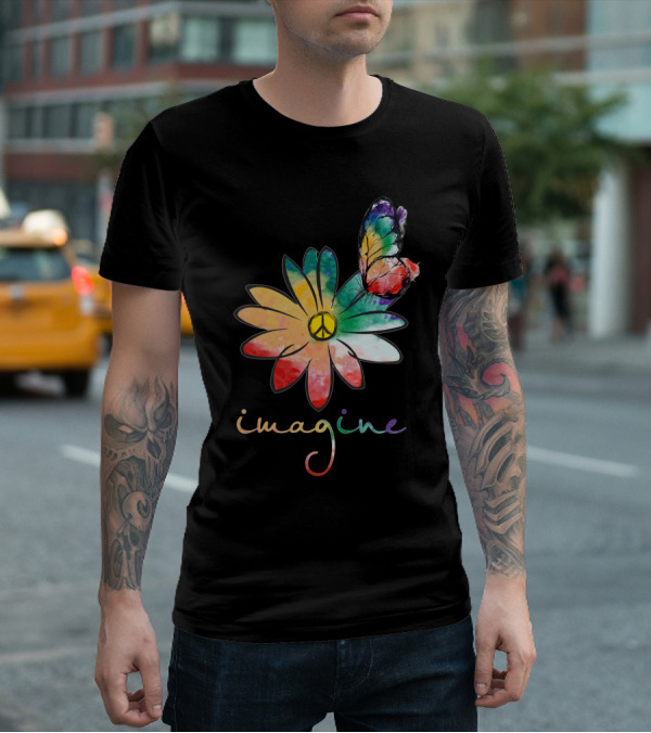 Imagine Peace Flower Hippie Butterfly T-Shirt