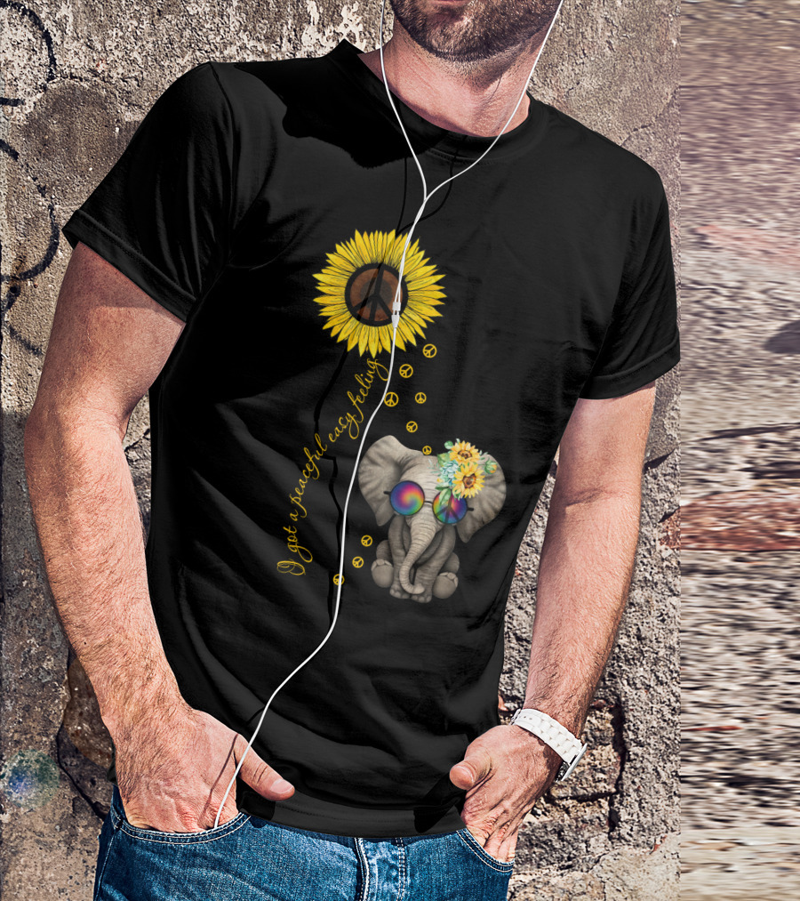 I Got A Peaceful Easy Feeling Elephant With Sunflower And Peace Symbols T-Shirt