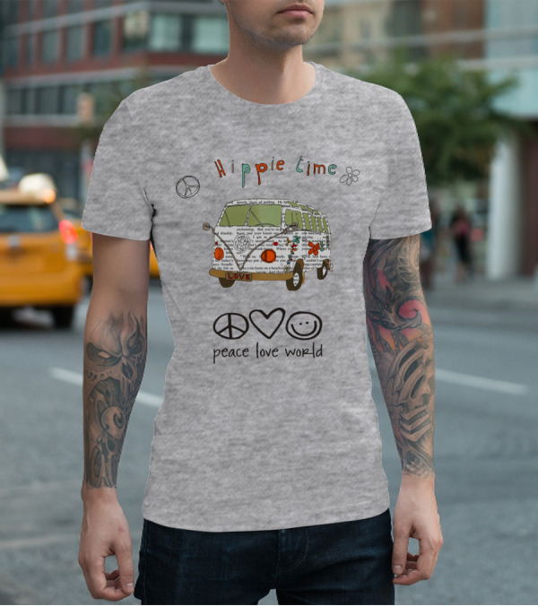 Hippie Time Peace Love World Retro Van Design With Symbols T-Shirt